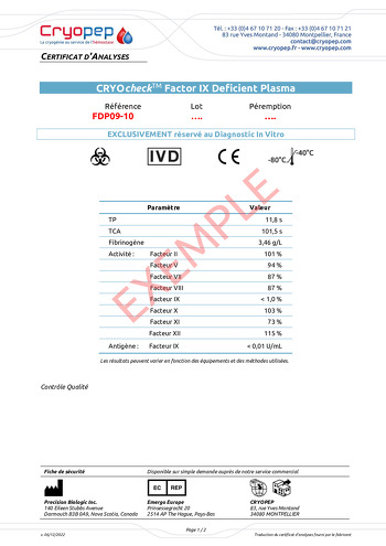 Certificat d'analyses CRYOcheck™ Factor IX Deficient Plasma 